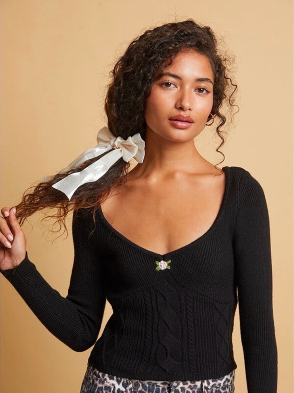 PacSun Black V-Neck Cable Knit Long Sleeve Top